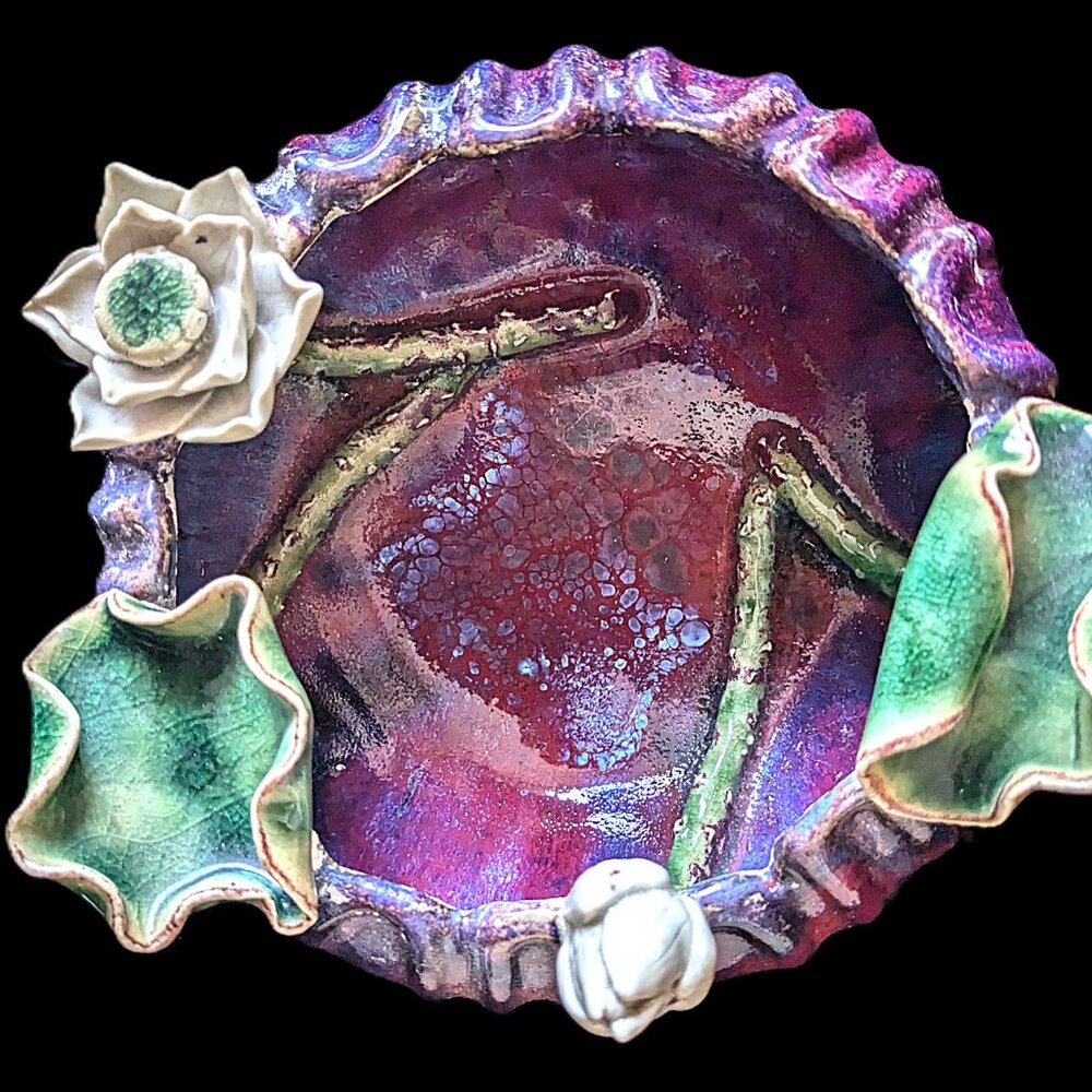 Vintage Chinese Majolica Pottery Lotus Bowl